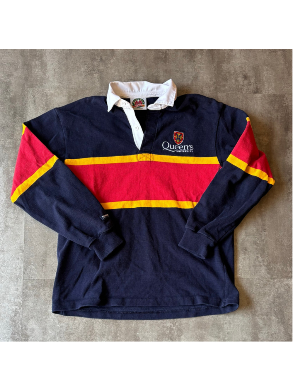 Vintage Queens University Barbarian Rugby Polo Sweater Mens Large